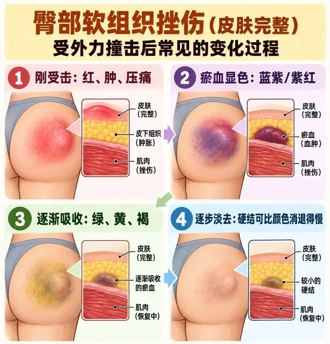 臀部软组织挫伤后,红肿、紫色瘀血、颜色吸收及硬结变化示意